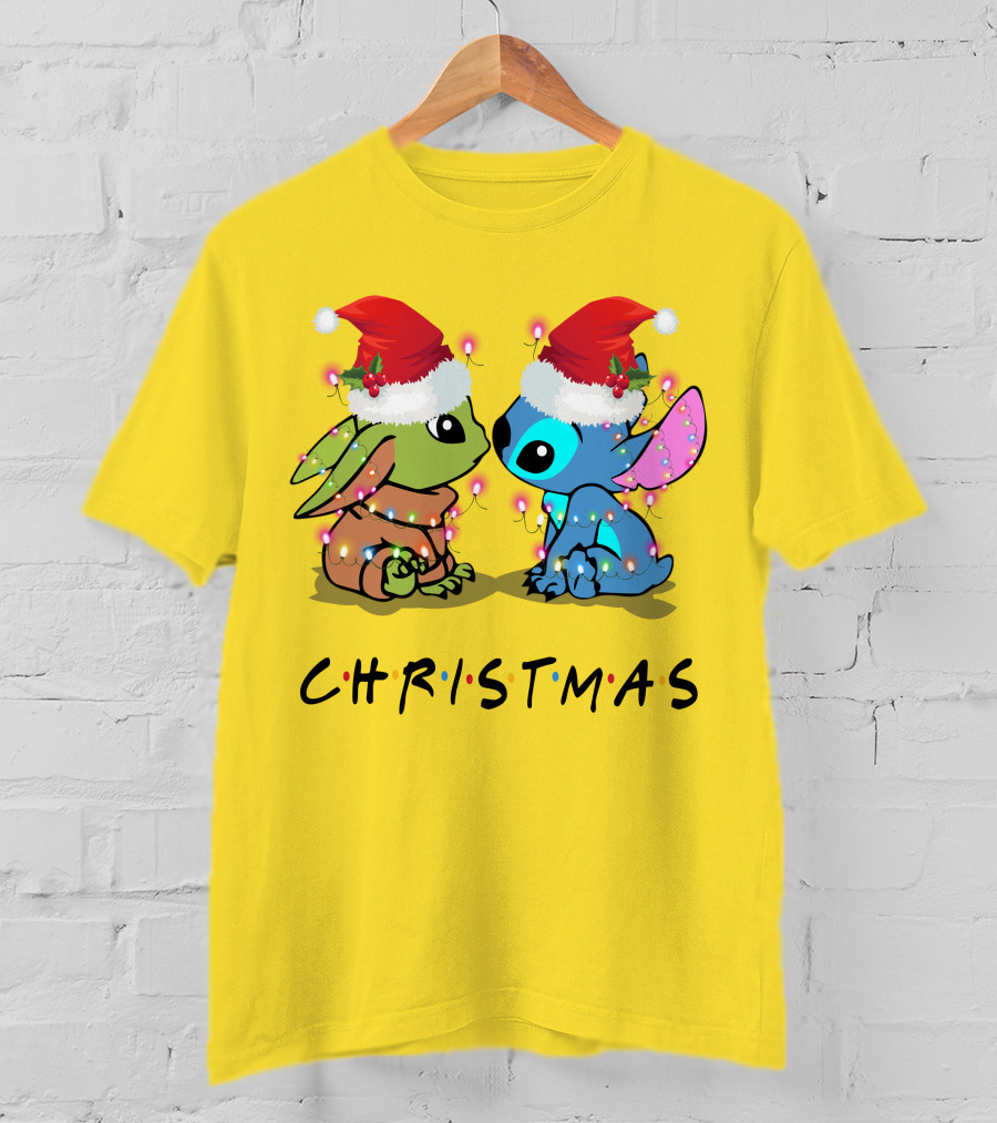 Christmas Yoda And Stitch Santa Hats T-Shirt