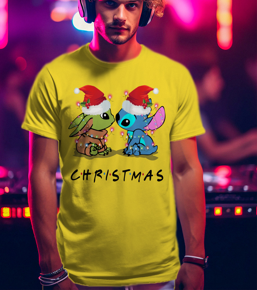 Christmas Yoda And Stitch Santa Hats T-Shirt