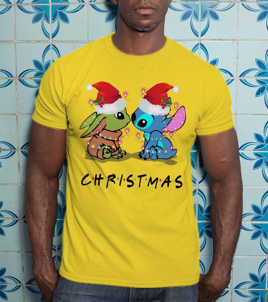 Christmas Yoda And Stitch Santa Hats T-Shirt
