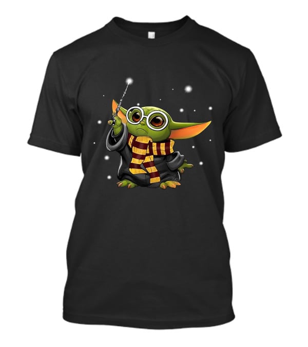 Yoda Baby Dressed As Wizard With Scarf And Wand T-Shirt