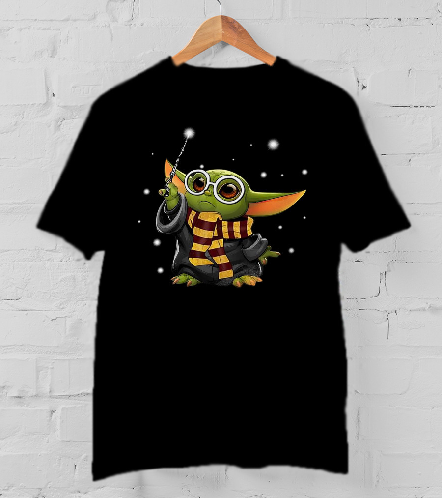 Yoda Baby Dressed As Wizard With Scarf And Wand T-Shirt