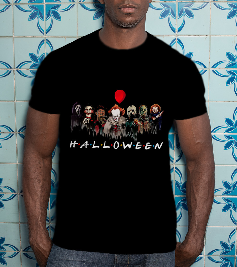 HALLOWEEN ZN699 Horror Movie Villains Group Red Balloon T-Shirt