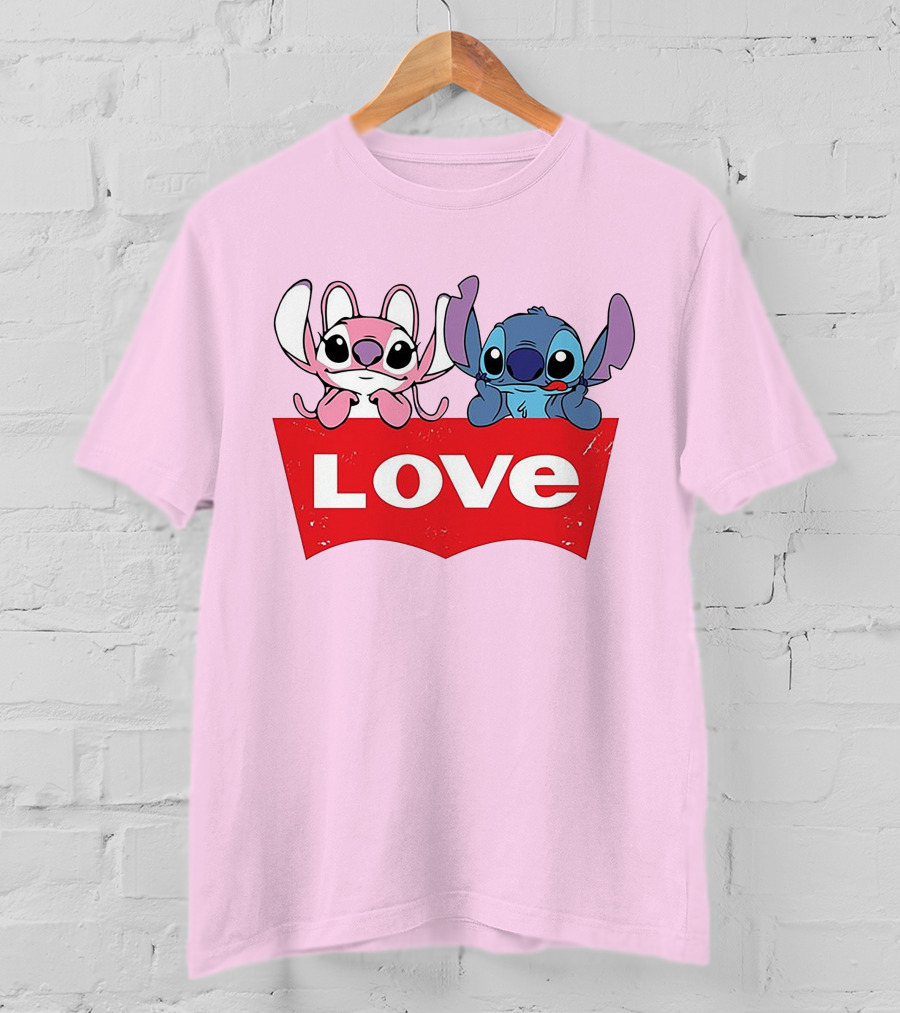 Stitch Love Pink And Blue Character Red Love Block T-Shirt