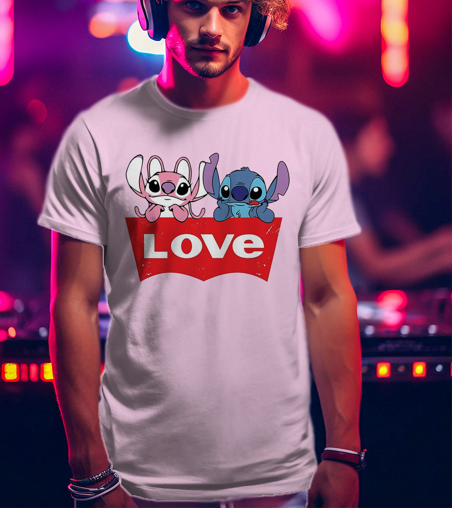 Stitch Love Pink And Blue Character Red Love Block T-Shirt
