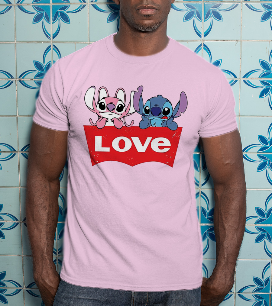 Stitch Love Pink And Blue Character Red Love Block T-Shirt