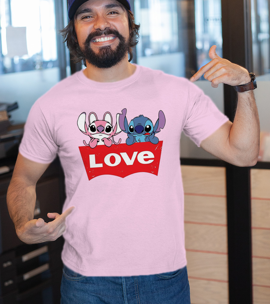 Stitch Love Pink And Blue Character Red Love Block T-Shirt
