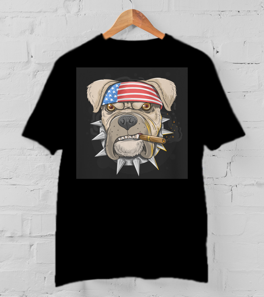 American Flag Bandana Bulldog With Cigar And Spiked Collar T-Shirt