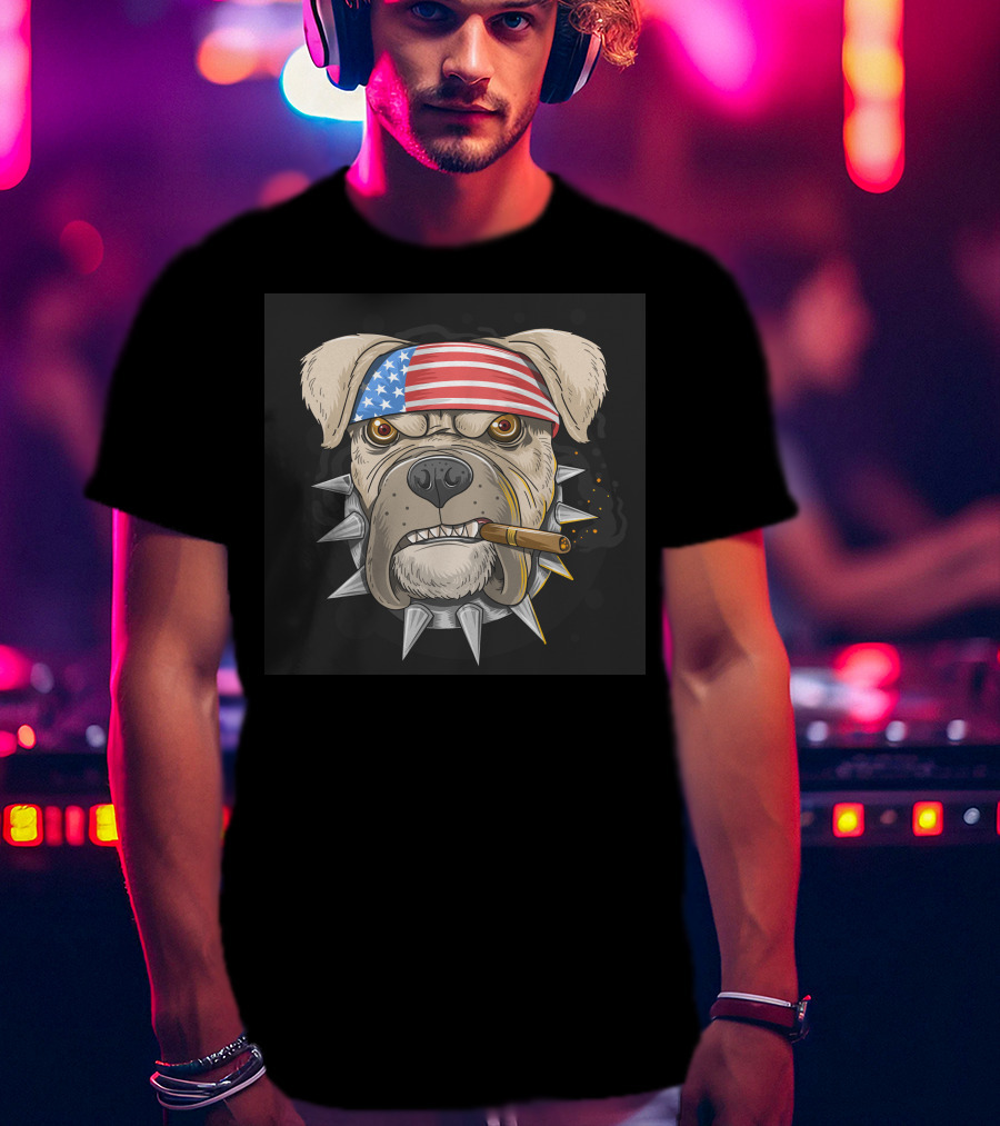 American Flag Bandana Bulldog With Cigar And Spiked Collar T-Shirt