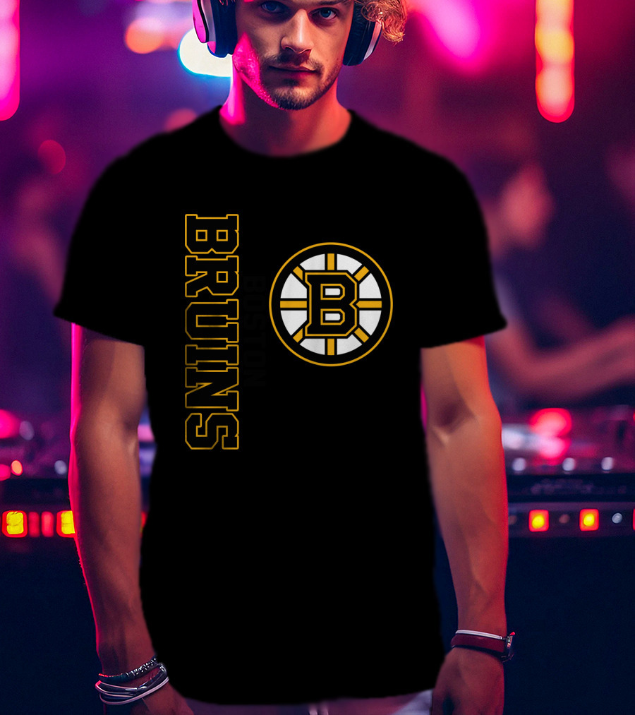 Boston Bruins Hockey Vertical Text With Iconic Circle Emblem T-Shirt