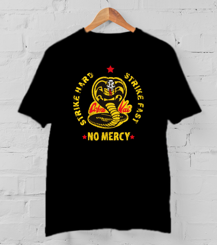 Cobra Kai Strike Hard Strike Fast No Mercy Logo With Red Star And Coiled Cobra T-Shirt