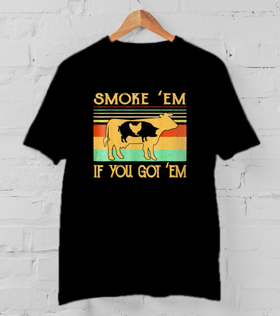 Smoke Em If You Got Em Vintage Cow Pig Chicken Retro Barbecue Stripes T-Shirt