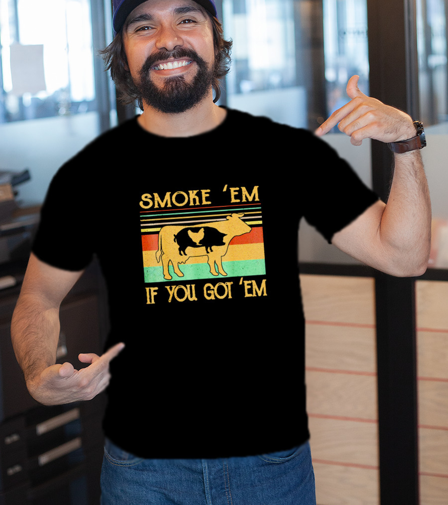 Smoke Em If You Got Em Vintage Cow Pig Chicken Retro Barbecue Stripes T-Shirt