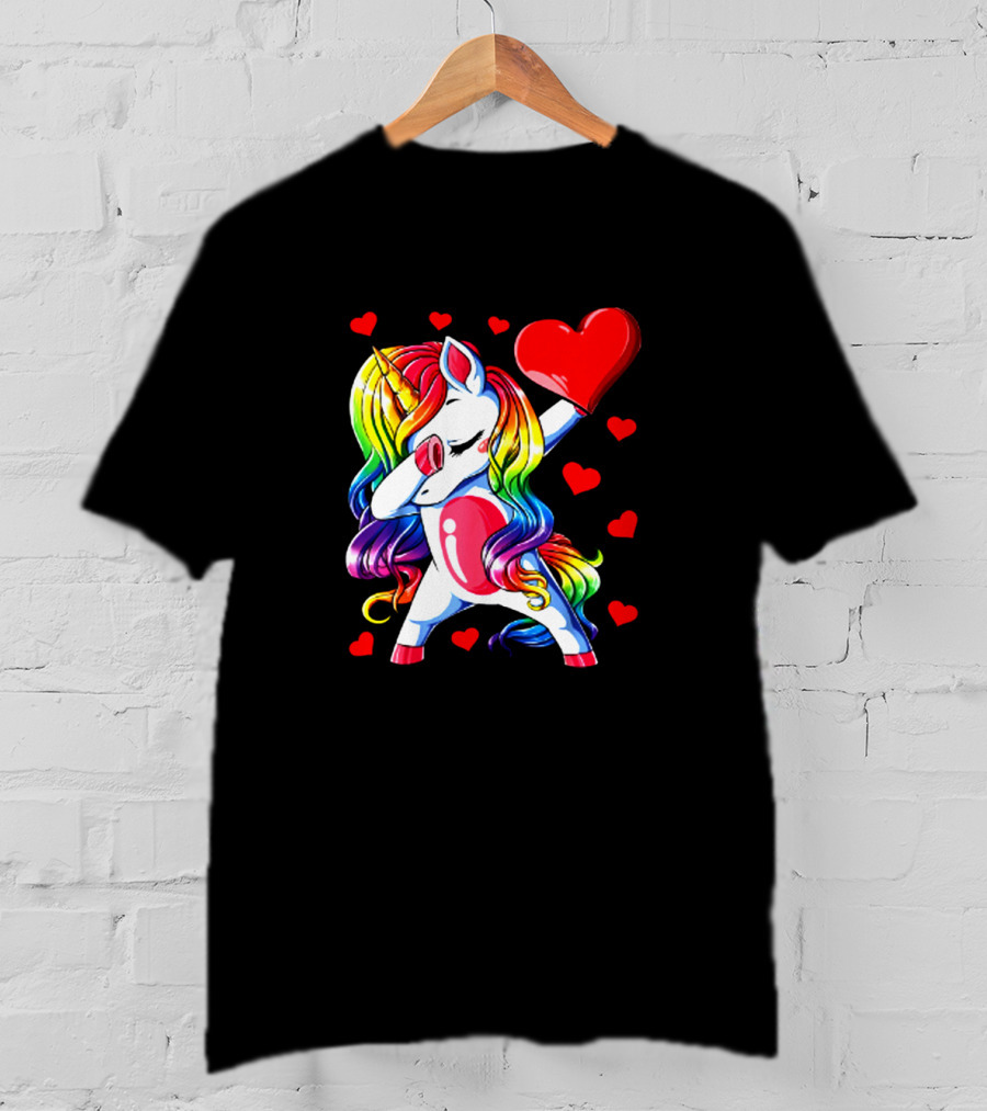 Rainbow Dabbing Unicorn Heart Valentines Day Girls T-Shirt