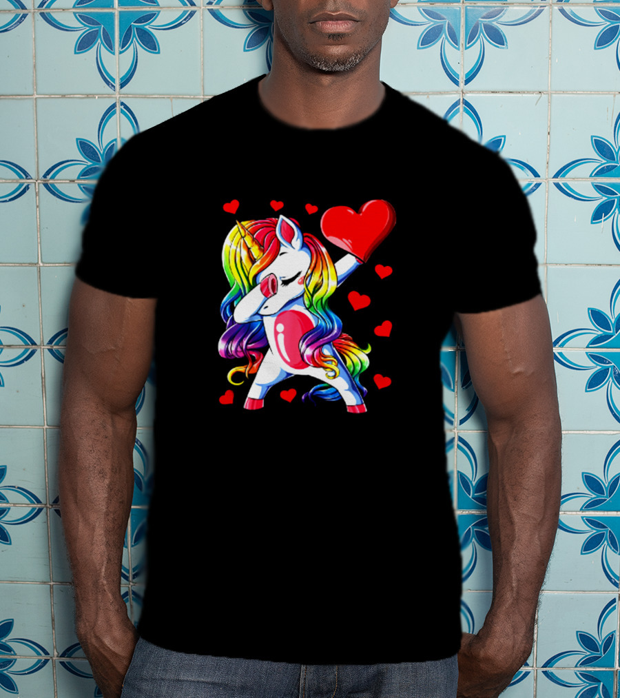 Rainbow Dabbing Unicorn Heart Valentines Day Girls T-Shirt