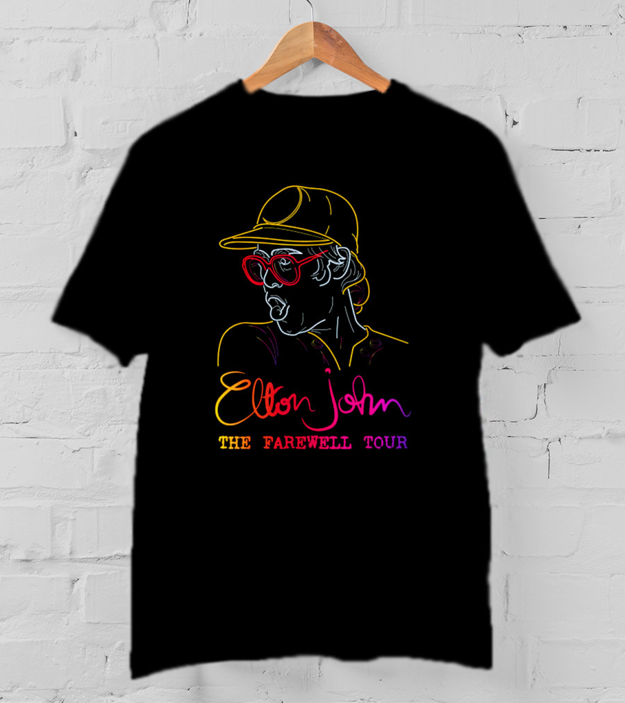 Elton John The Farewell Tour Neon Art With Glasses And Hat T-Shirt