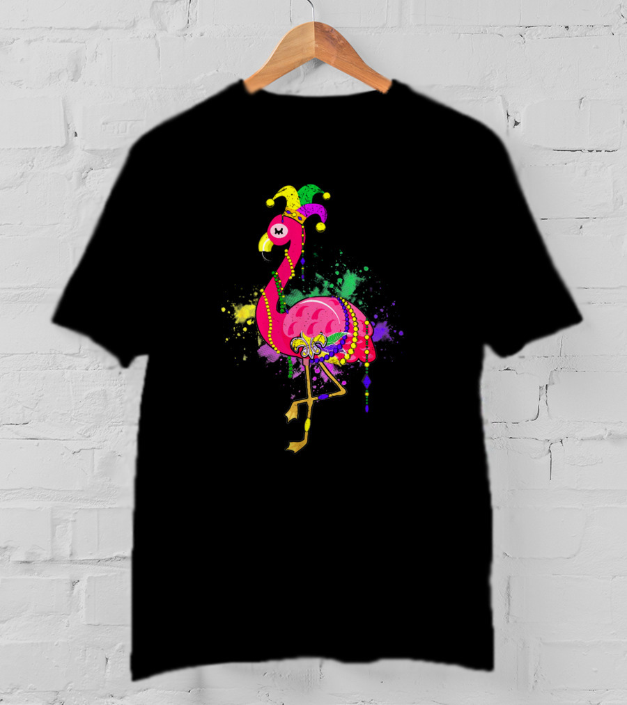 Mardi Gras Flamingo With Jester Hat And Beads On Colorful Splatter Background T-Shirt