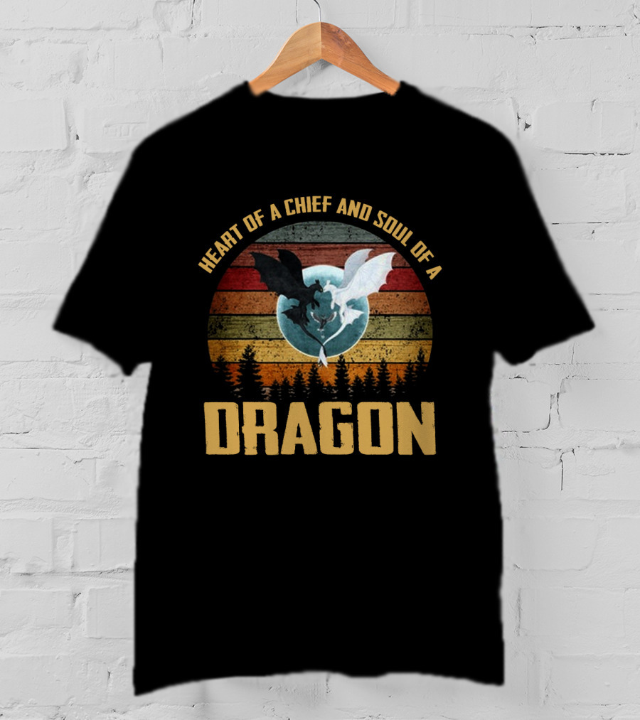 Heart Of A Chief And Soul Of A Dragon With Silhouette Of Two Dragons On Retro Stripes T-Shirt