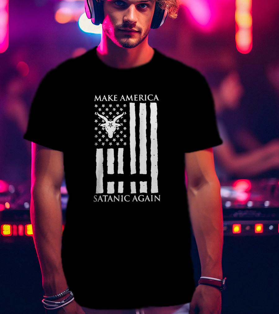 Make America Satanic Again Baphomet Flag Usa Stars Stripes T-Shirt