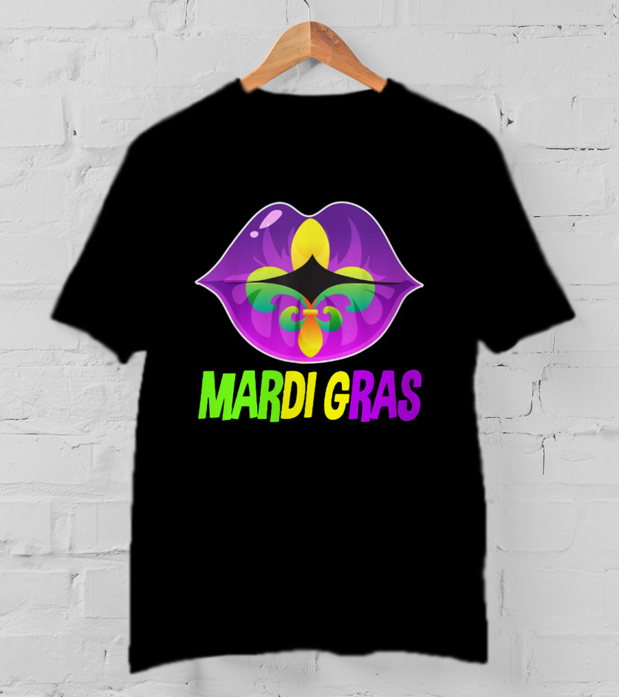 Mardi Gras Lip Fleur De Lis Purple Green Yellow T-Shirt