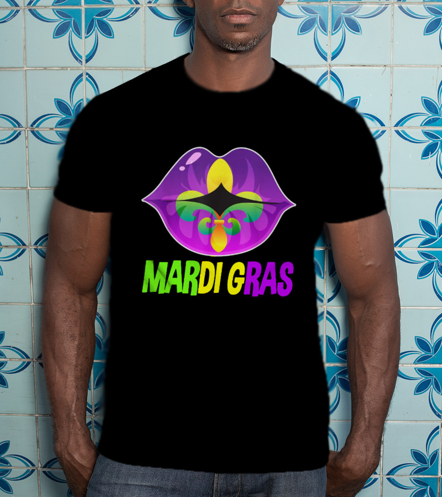 Mardi Gras Lip Fleur De Lis Purple Green Yellow T-Shirt