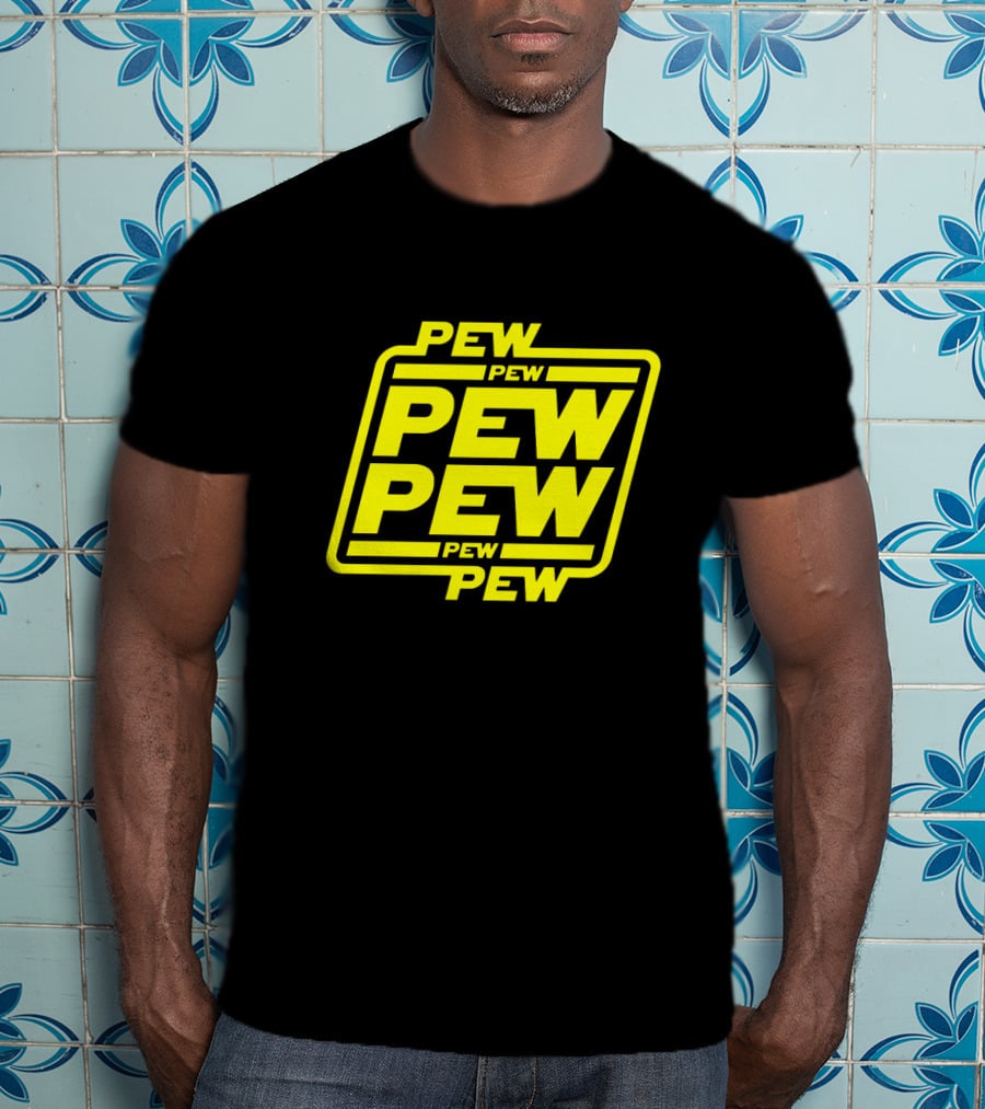Pew Pew Pew Star Wars Bold Yellow Black Background Retro Style T-Shirt