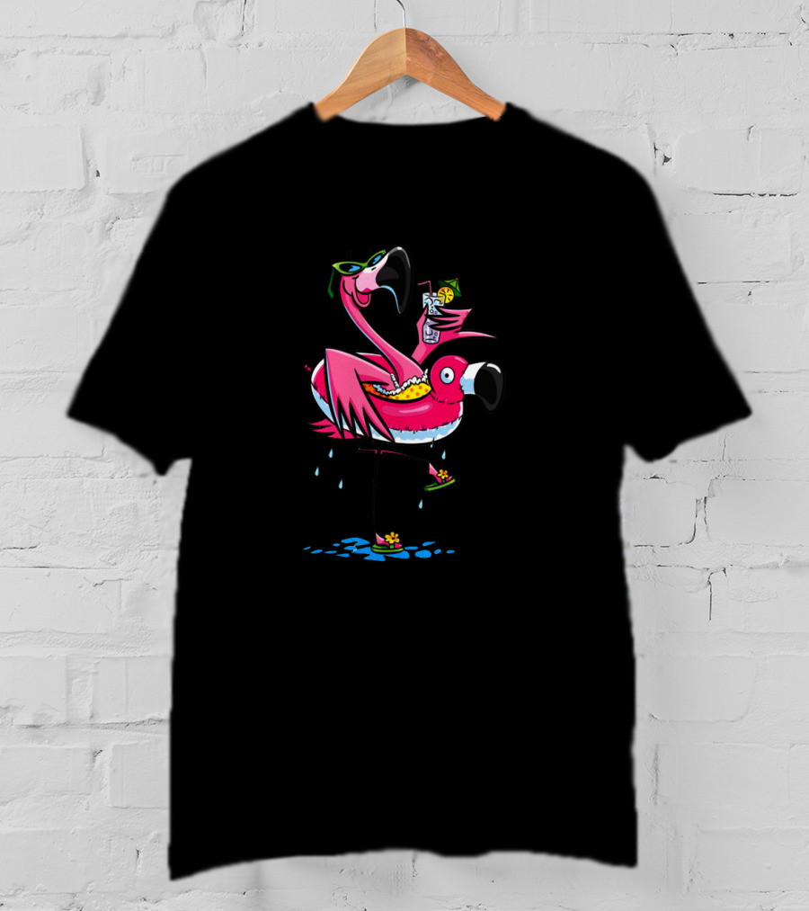 Pink Flamingos Enjoying A Tropical Wine Drink T-Shirt