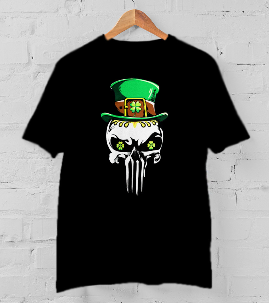 Punisher Skull With Green Leprechaun Hat And Shamrock Eyes T-Shirt