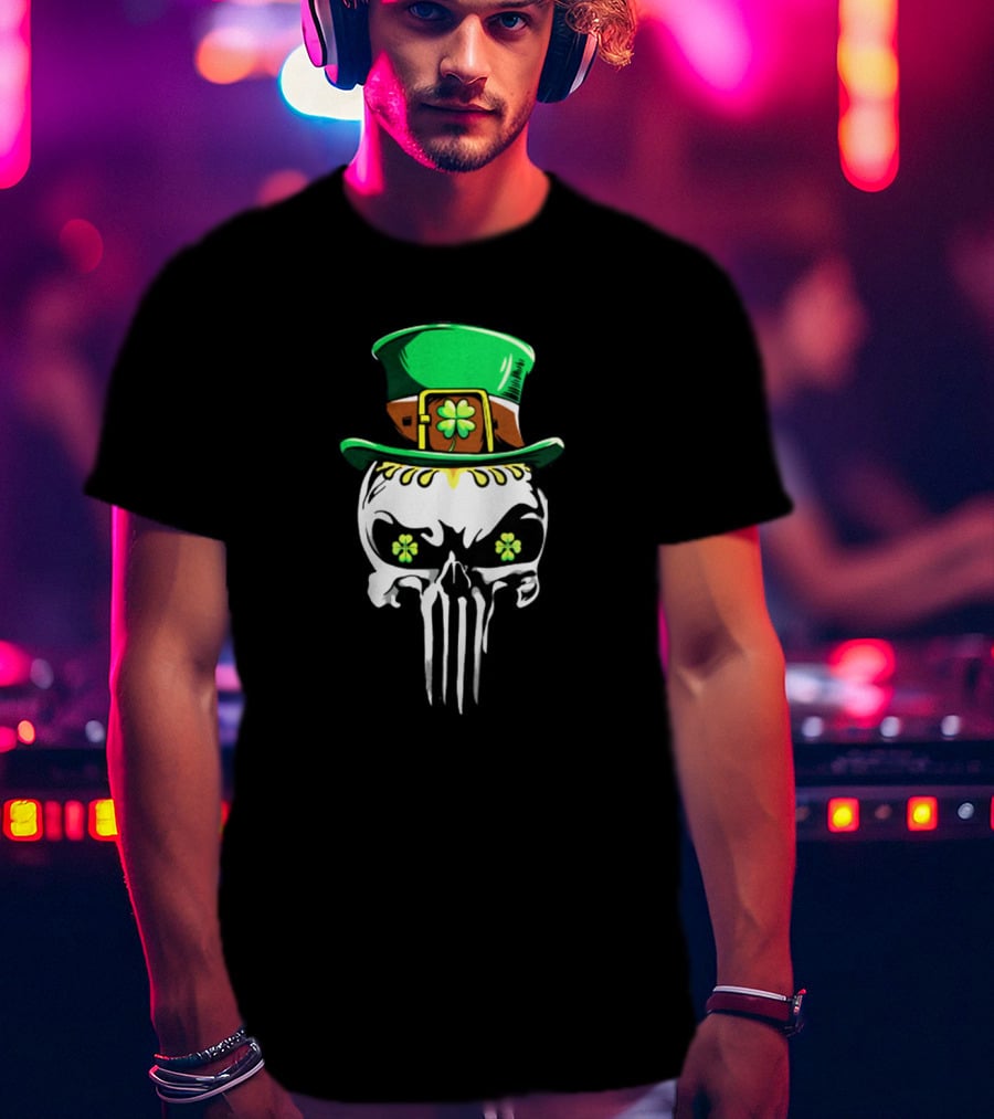 Punisher Skull With Green Leprechaun Hat And Shamrock Eyes T-Shirt