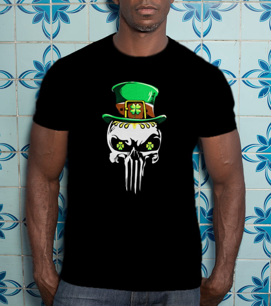 Punisher Skull With Green Leprechaun Hat And Shamrock Eyes T-Shirt