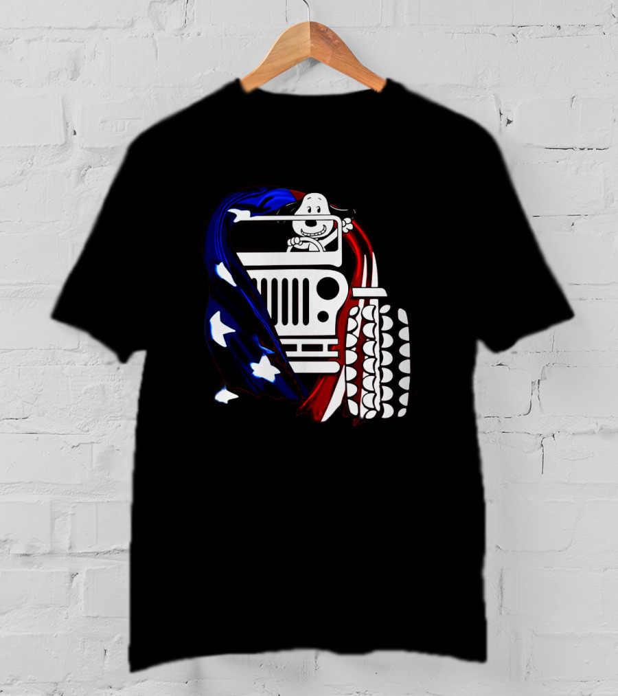 Snoopy Jeep Stars Stripes American Flag Background T-Shirt