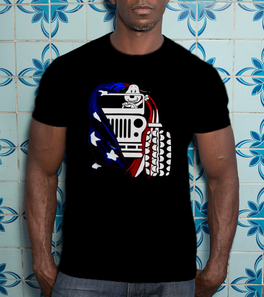 Snoopy Jeep Stars Stripes American Flag Background T-Shirt