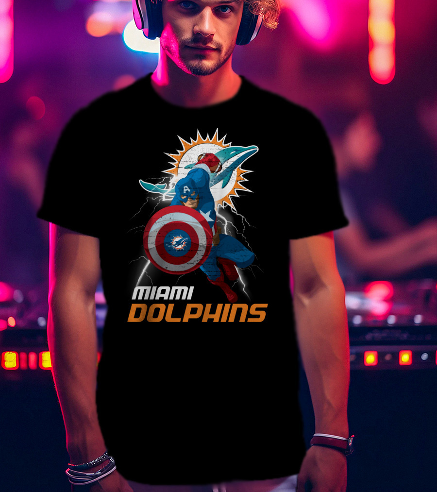 Captain America Miami Dolphins Nfl Lightning Action T-Shirt
