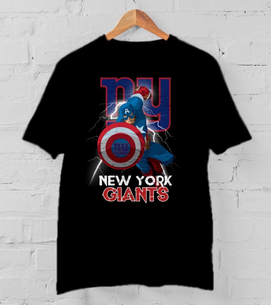 Captain America New York Giants Nfl Superhero Shield Lightning Action T-Shirt