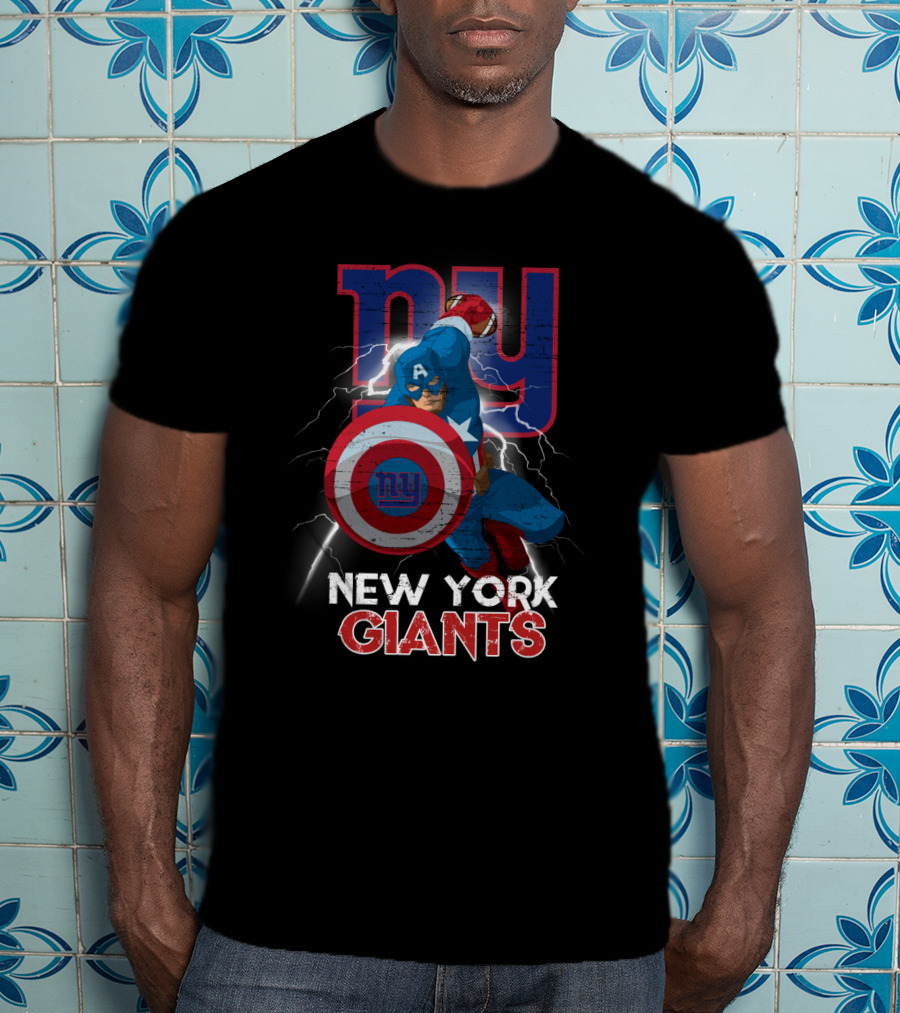 Captain America New York Giants Nfl Superhero Shield Lightning Action T-Shirt