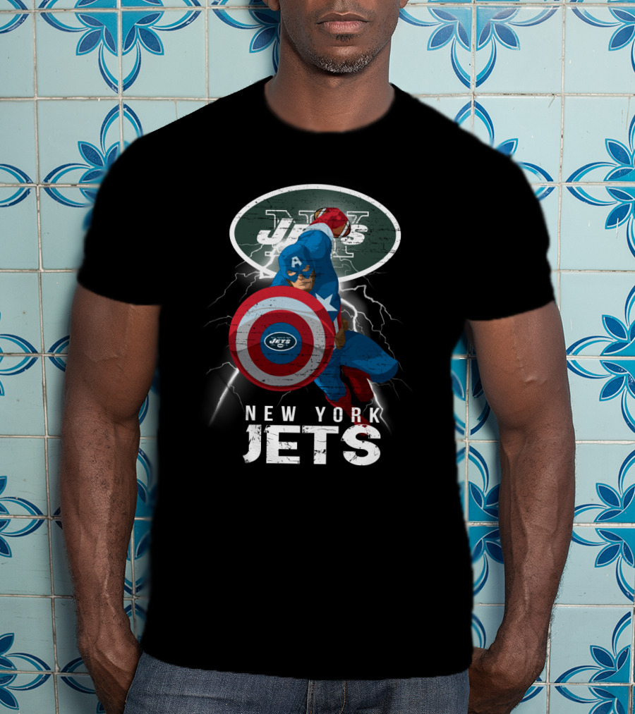 Captain America New York Jets Nfl Lightning Shield T-Shirt