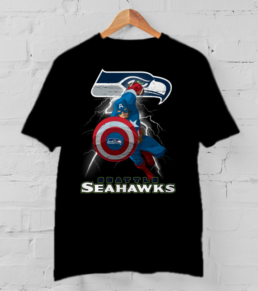 Captain America Seattle Seahawks Nfl Football Crossover Superhero Logo Lightning T-Shirt