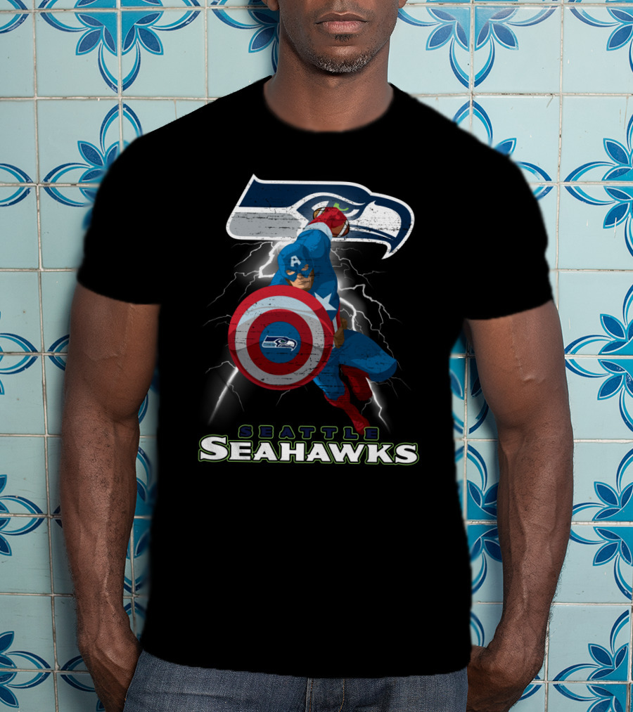 Captain America Seattle Seahawks Nfl Football Crossover Superhero Logo Lightning T-Shirt