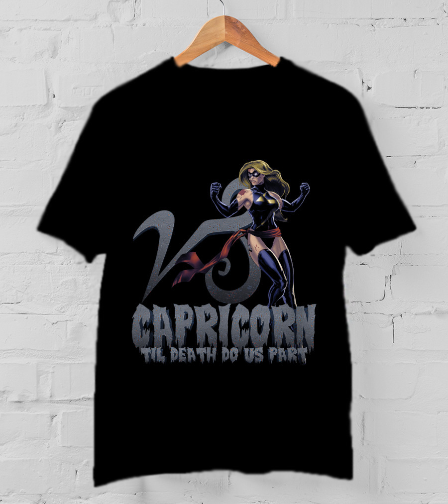 Capricorn Symbol With Captain Marvel Pose Til Death Do Us Part For Marvel Fans T-Shirt