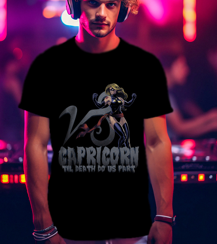 Capricorn Symbol With Captain Marvel Pose Til Death Do Us Part For Marvel Fans T-Shirt