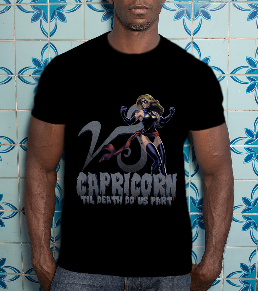 Capricorn Symbol With Captain Marvel Pose Til Death Do Us Part For Marvel Fans T-Shirt
