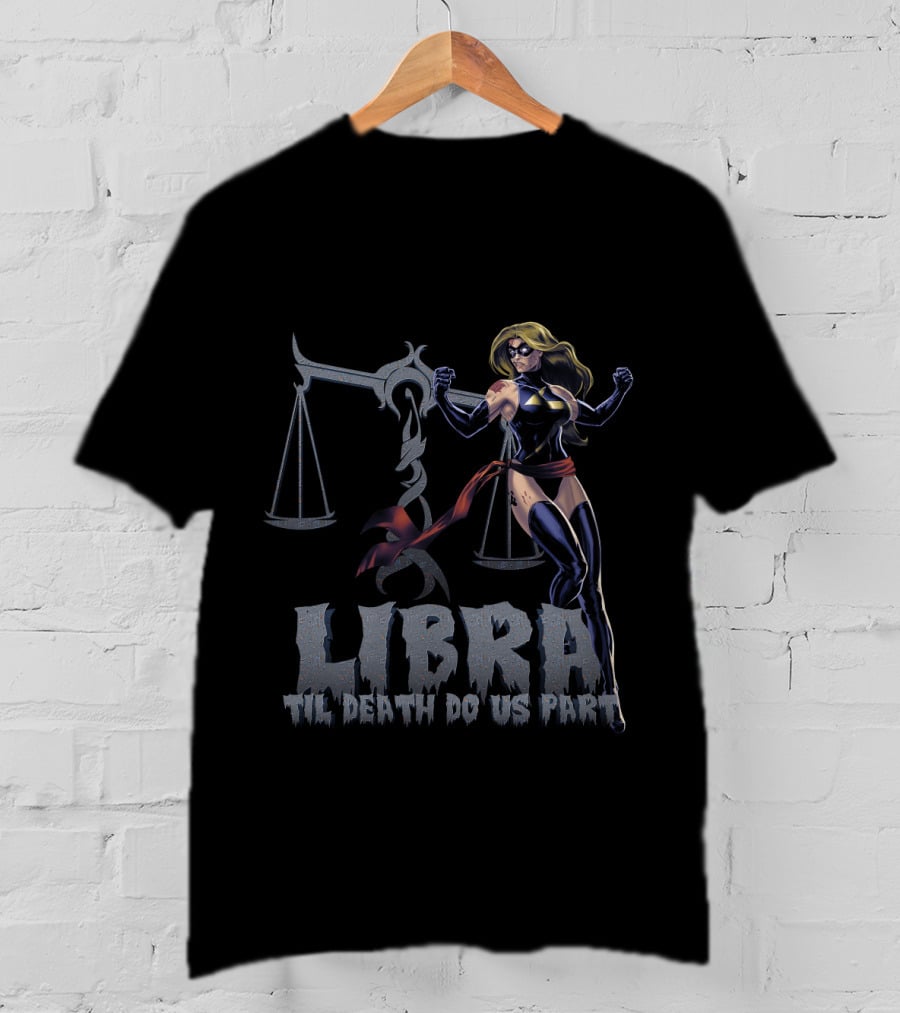 Libra Til Death Do Us Part Captain Marvel Scales Marvel Fans T-Shirt