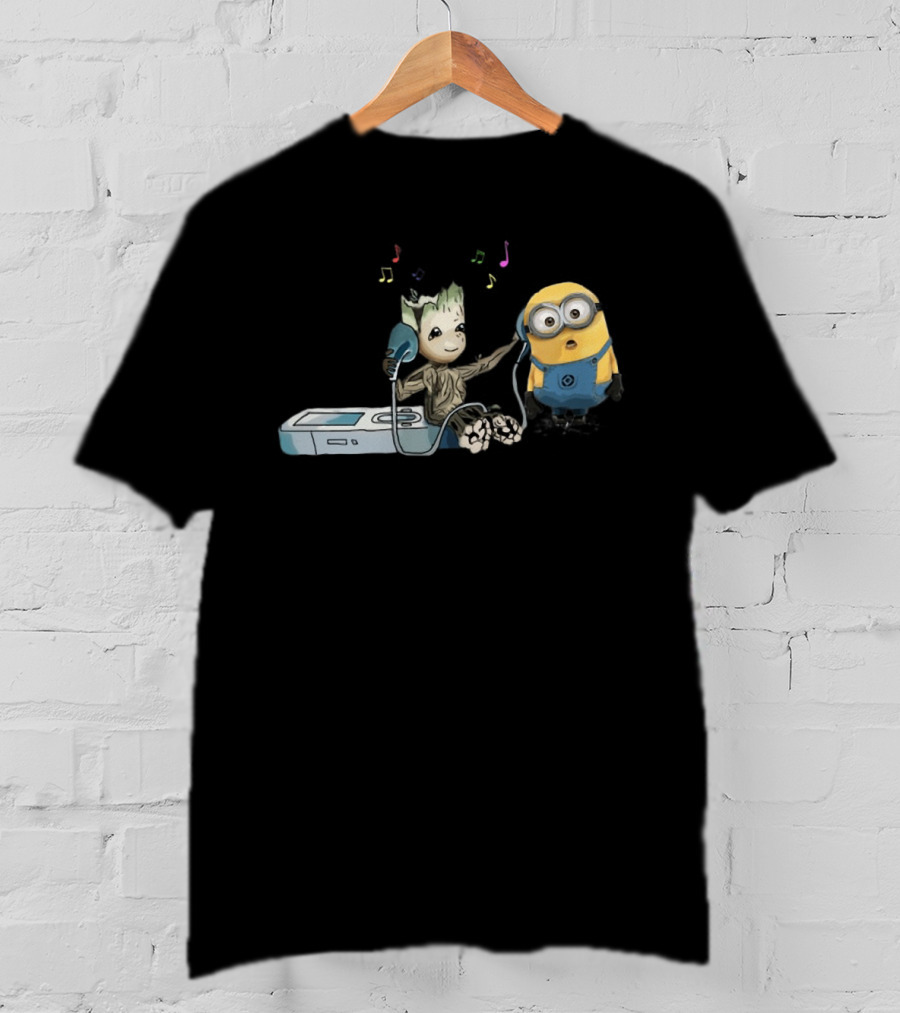 Groot And Minion Sharing Music With Headphones And Music Notes T-Shirt
