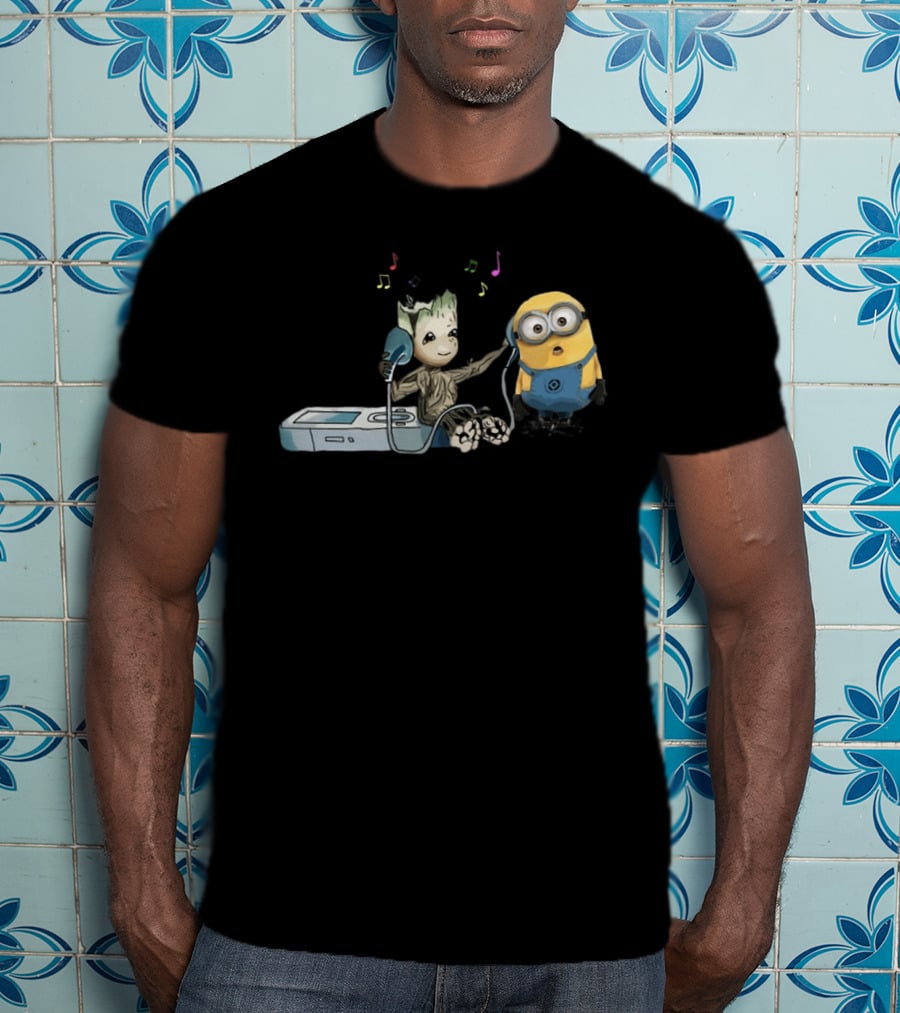 Groot And Minion Sharing Music With Headphones And Music Notes T-Shirt