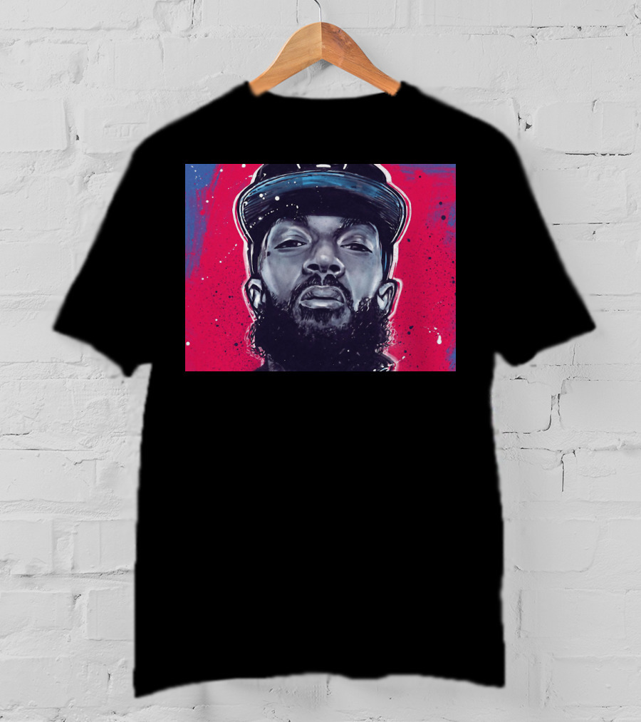 Nipsey Hussle Bold Street Style Portrait With Cap And Vibrant Red Blue T-Shirt
