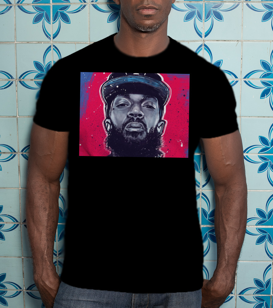 Nipsey Hussle Bold Street Style Portrait With Cap And Vibrant Red Blue T-Shirt