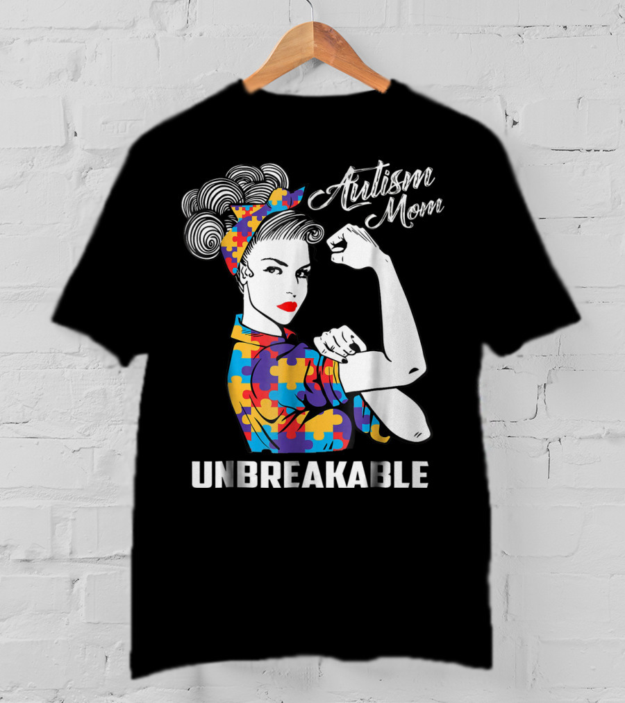 Unbreakable Autism Mom With Puzzle Pattern Retro Rosie The Riveter T-Shirt