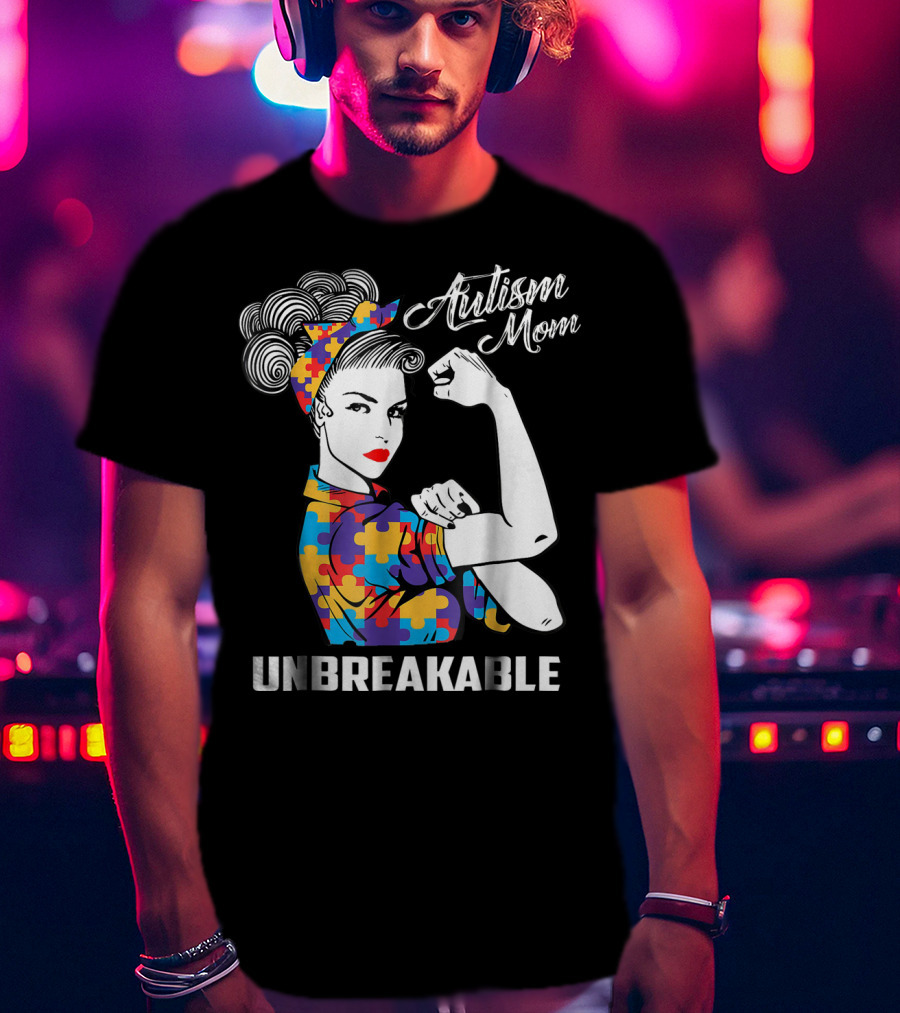 Unbreakable Autism Mom With Puzzle Pattern Retro Rosie The Riveter T-Shirt