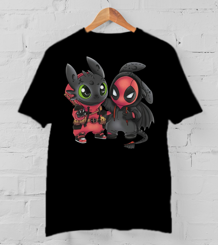 Baby Toothless And Deadpool Mashup Crossover Featuring Cute Duo With Iconic Red And Black Costume Elements T-Shirt