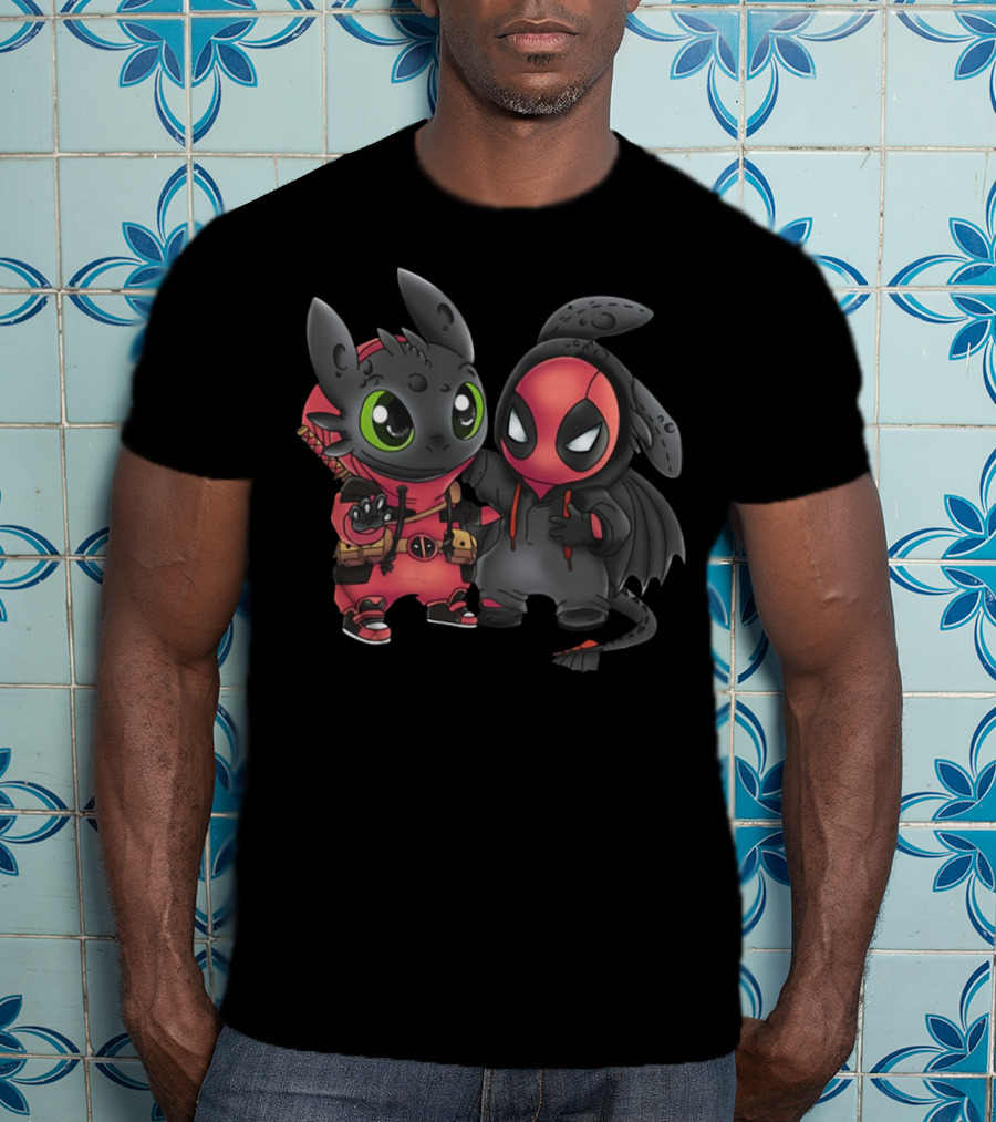 Baby Toothless And Deadpool Mashup Crossover Featuring Cute Duo With Iconic Red And Black Costume Elements T-Shirt