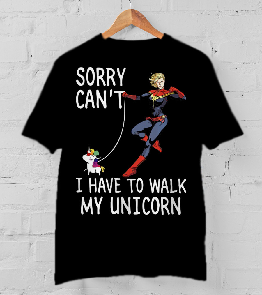 Captain Marvel Sorry Can't I Have To Walk My Unicorn T-Shirt